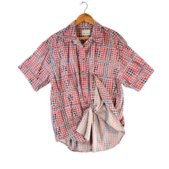 Womens Vintage Button Up Shirt Fitting Image XXL Cotton Hearts Country Cottage - Picture 3 of 14